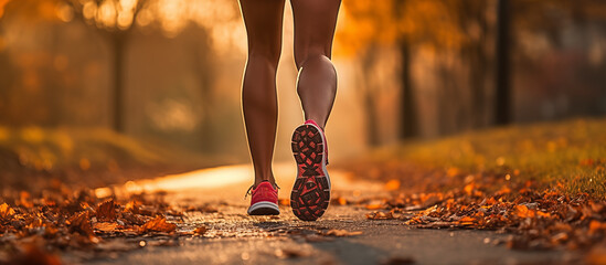 Legs of a running girl in sneakers during a morning workout in autumn