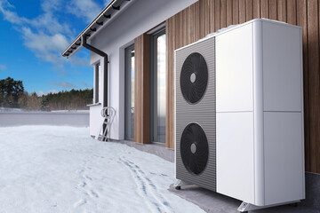 Air heat pump in winter, 3D illustration