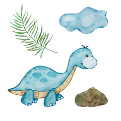 Watercolor cute baby dinosaurs set