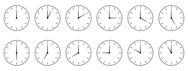 set of analog clocks showing each hour vector illustration - obrazy, fototapety, plakaty