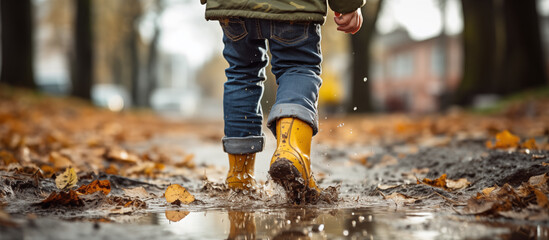 A child in rubber boots walks through an autumn park after the rain - obrazy, fototapety, plakaty