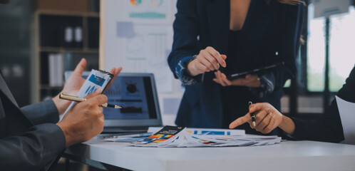 Close up ux developer and ui designer use augmented reality brainstorming about mobile app...