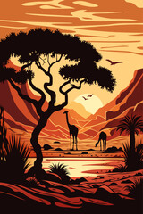 Vector illustration of an African landscape at sunset