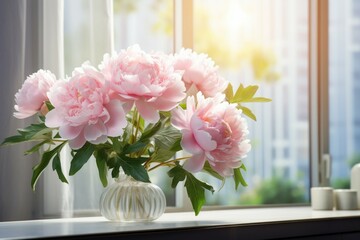 Serene setting Pink peony flower by a window with sunlight