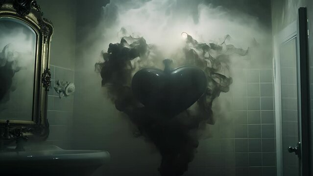 The distorted image of a heart in a foggy bathroom mirror, a ghostly and haunting effect.