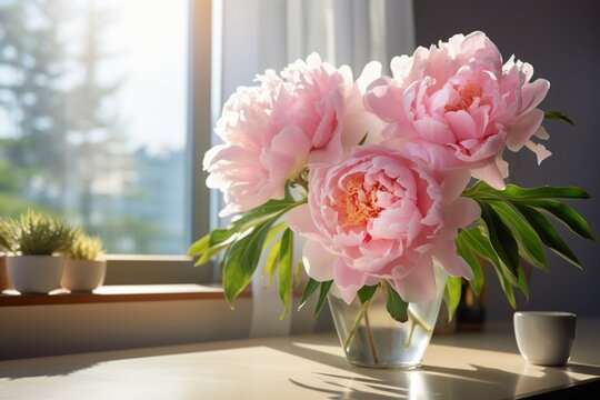 Sunlit bloom Pink peony flower against a window with sunlight