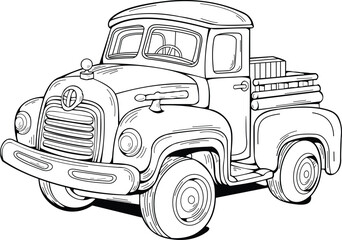 Old Pickup Truck Outline Vector Illustration. Black and White Cartoon Truck. Old Truck Coloring Page For Kids and Adults. Cartoon Truck Vector Illustration. Coloring sheets. Car Coloring Sheet.  © Art