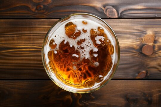 Wooden setting Glass of beer on background, top view mock up