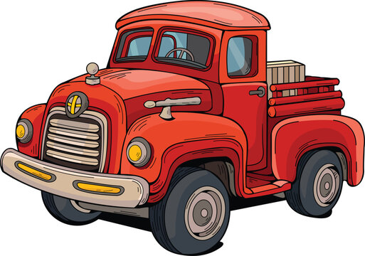 Red Old Pickup Truck Vector Illustration. Red Cartoon Truck Vector. Cartoon Red Truck On A White Background. Pickup Truck Cartoon Illustration.