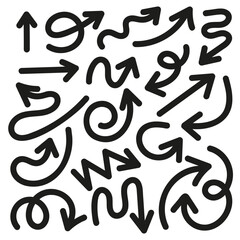Hand drawn set of arrow elements in doodle style. Cartoon style bold line arrows in black isolated on white background