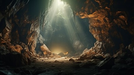 Landscape view of a great cave in the warm and golden light of sunset, cinematic view. - obrazy, fototapety, plakaty