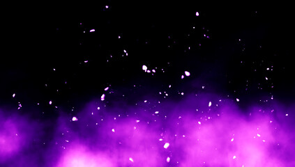 Blurred purple fire embers sparks on black background . Texture isolated overlays. Concept of particles, sparkles, flame and light.