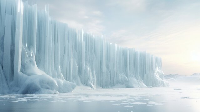 Panoramic view of glacier breaking and falling in water, climate change concept.