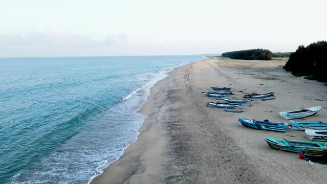 Aerial View of the Colorful Fishing Boats on the Baticaloa Beach, Sri Lanka.