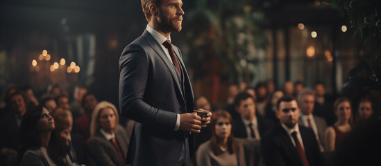 Leading speaker in a business suit in front of an audience - obrazy, fototapety, plakaty