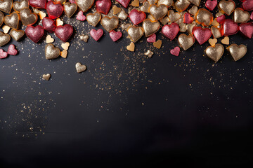 pink and golden hearts with golden glitter on black ground with space for text, valentins day background