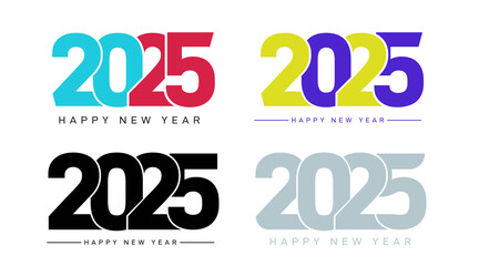 Set of Happy New Year 2025 logo design. Cover of business diary for 2025 with wishes. Christmas brochure design template. Text Happy Year symbols. Vector for calendar, greeting card, banner, media.