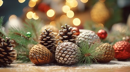 Pine Cone Centerpieces surrounded by scattered ornaments, playful, festive, afternoon
