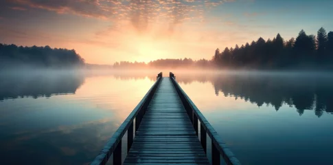 Zelfklevend Fotobehang  a wooden pier over a calm lake during sunrise © grigoryepremyan