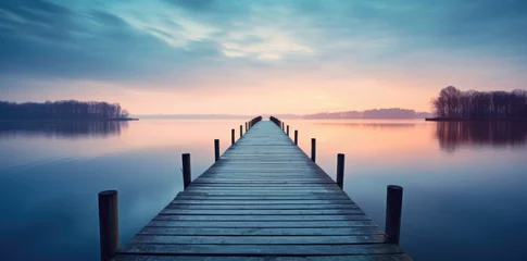   a wooden pier over a calm lake during sunrise © grigoryepremyan