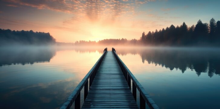 Fototapeta  a wooden pier over a calm lake during sunrise
