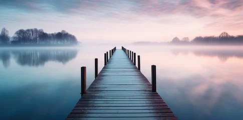Foto auf Acrylglas  a wooden pier over a calm lake during sunrise © grigoryepremyan