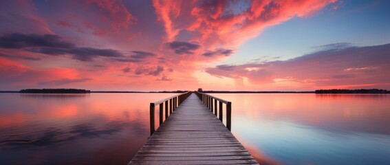 Obraz premium a wooden pier over a calm lake during sunrise