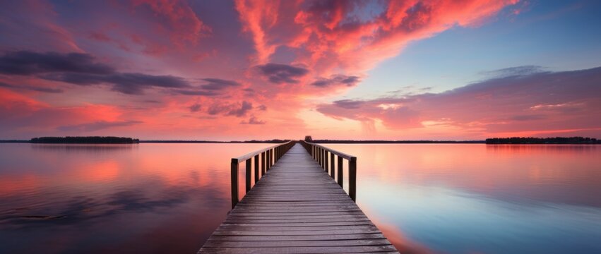 Fototapeta  a wooden pier over a calm lake during sunrise