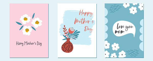 Fototapeta na wymiar Mother's Day greeting cards. Set of naive art holiday prints. Vector illustrations for covers and posters. Cute design for moms.