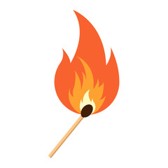 Burning match stick and fire. Flat vector isolated illustration. 