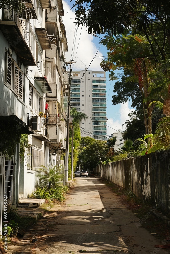 Poster a street with buildings and trees