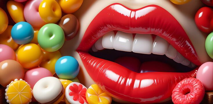 Chocolate and candy around the mouth of a woman wearing red lipstick. Generative Ai
