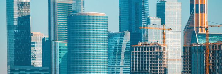 Modern skyscrapers close-up. Beautiful wide panoramic background. Moscow international business...