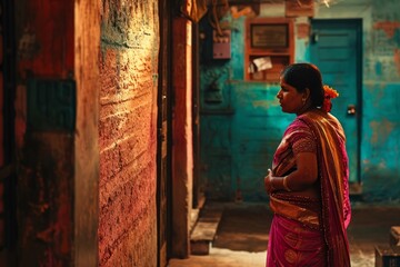 a woman in a sari standing in a doorway - obrazy, fototapety, plakaty