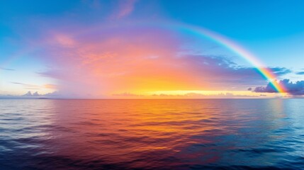 A rainbow stretching across a serene ocean horizon