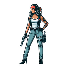 Female biker holding revolver vector illustration.