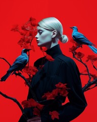 Beautiful blonde woman wearing black clothes with branches, red flowers and blue birds around her, on the red background.