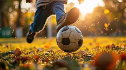 close up boy kicking a soccer ball - obrazy, fototapety, plakaty