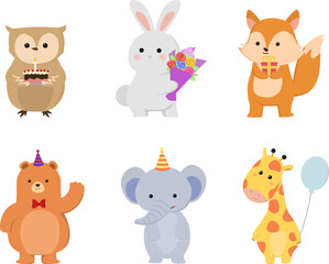 cute animal set for children illustration, set of wild animals wearing birthday accessories vector illustration