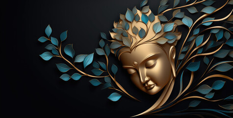 glowing golden buddha and abstract lotus on black background