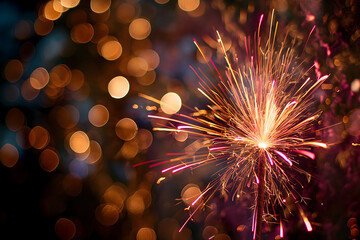 Burning sparkler with Christmas lights in the background, celebration. Christmas and New Year's holiday concept.	