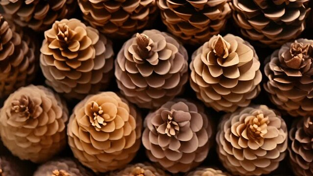 A series of pine cones lined up, each one displaying the unmistakable spiral pattern seen in the Fibonacci sequence.