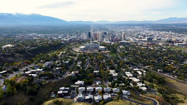 Aerial View of Downtown Salt Lake City Utah during Sunrise in Fall 