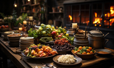 Rustic feast with an abundance of traditional dishes in an old-world kitchen, invoking a sense of nostalgia
