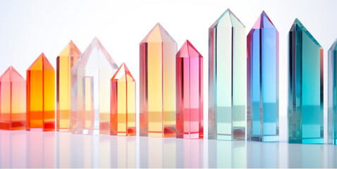 Glass geometric figures prisms. Abstract background with closeup shot of glossy crystal block with multicolored gradient reflection on blurred mirror surface.