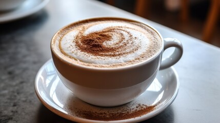 Frothy cappuccino adorned with cocoa powder, a visual treat