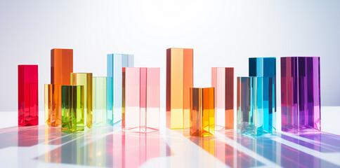 Glass geometric figures prisms. Abstract background with closeup shot of glossy crystal block with multicolored gradient reflection on blurred mirror surface.