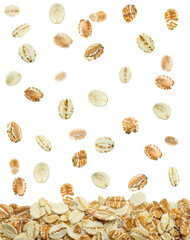 Cereal flakes (muesli) falling from top to bottom, isolated on a transparent background.