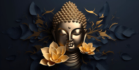 glowing golden buddha face and abstract lotus on black background