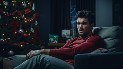 The lonely man watches TV alone during the holidays, feeling isolated